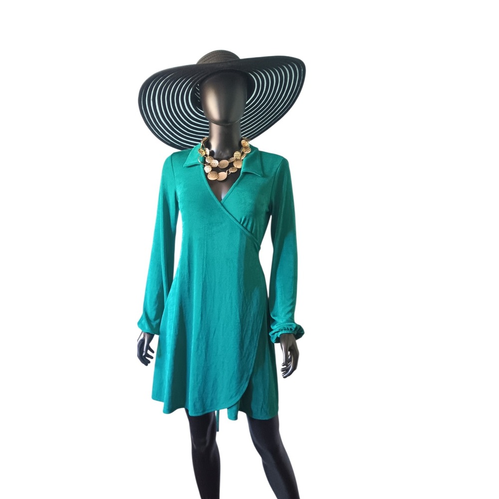 Wild Fable women's Dark Teal Green Belted Collar Wrap Mid Dress Small NWT KS0300